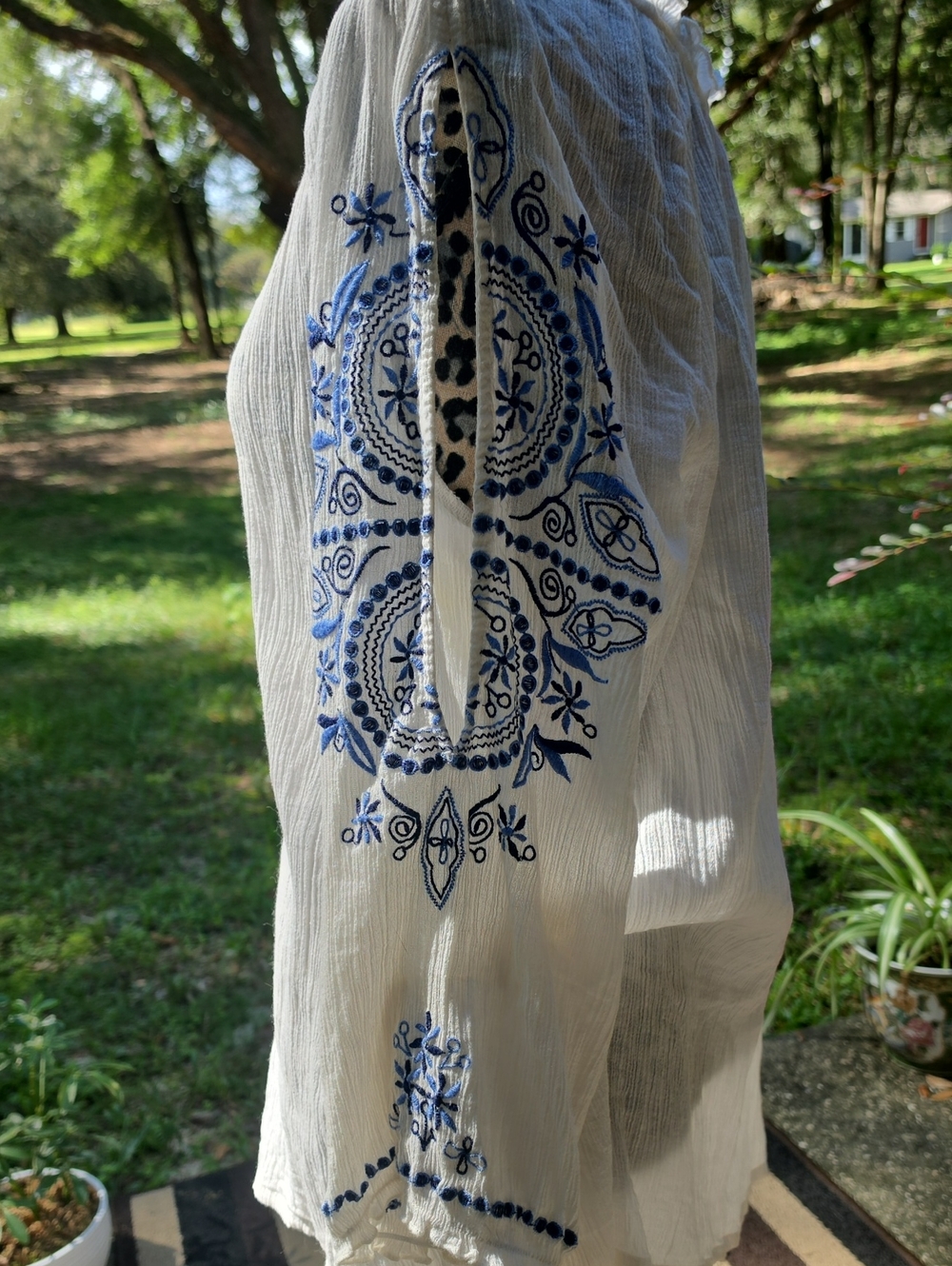 Vintage America White Maxi Skirt with Blue Embroidery